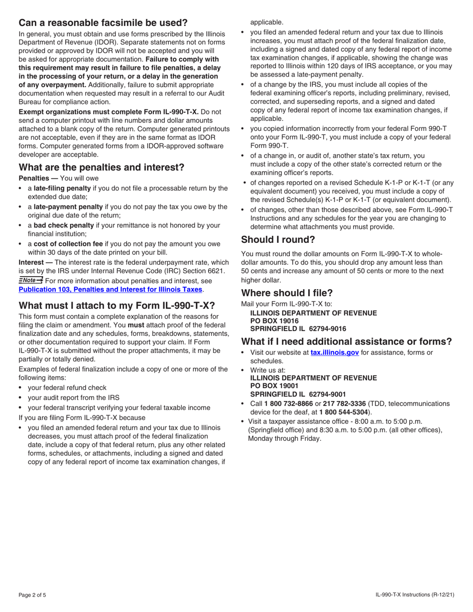 Instructions for Form IL-990-T-X Amended Exempt Organization Income and Replacement Tax Return - Illinois, Page 2