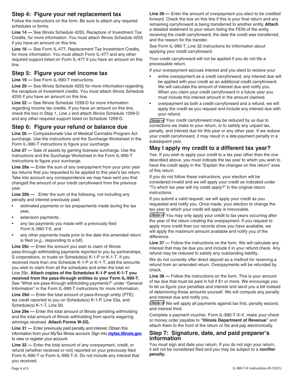 Instructions for Form IL-990-T-X Amended Exempt Organization Income and Replacement Tax Return - Illinois, Page 4