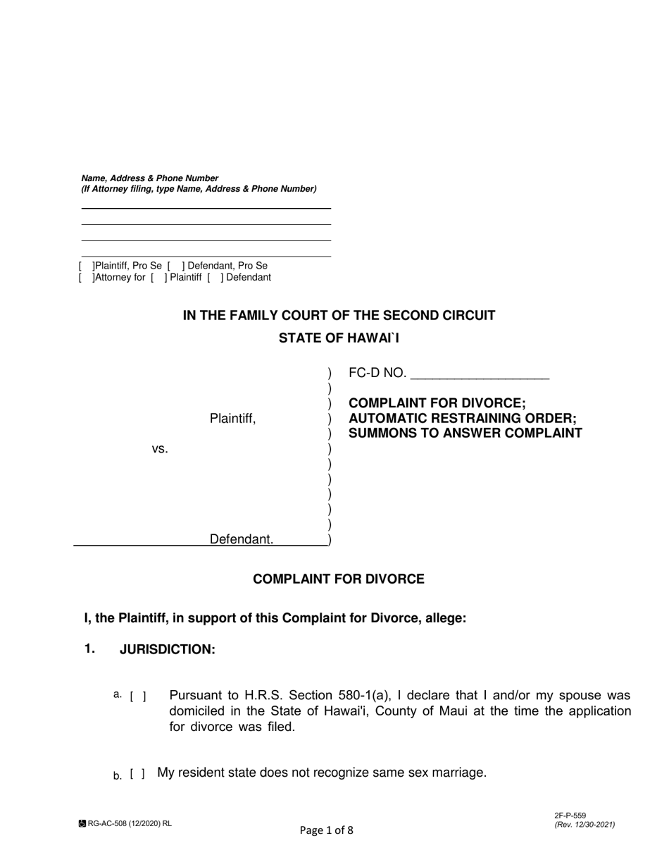 Form 2F-P-559 Complaint for Divorce; Automatic Restraining Order; Summons to Answer Complaint - Hawaii, Page 1