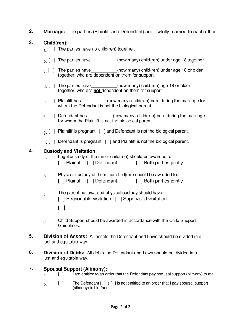 Form 2F-P-559 Complaint for Divorce; Automatic Restraining Order; Summons to Answer Complaint - Hawaii, Page 2