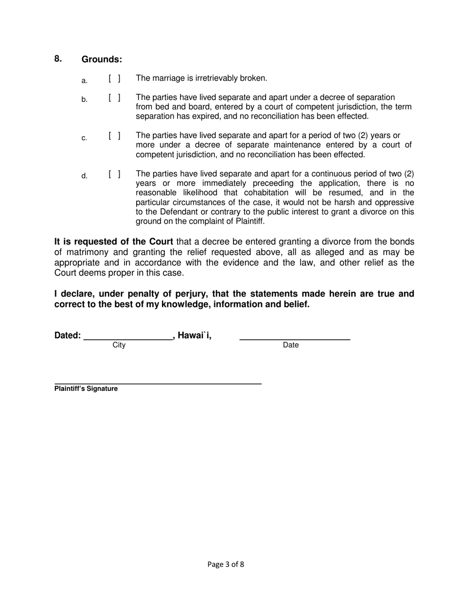 Form 2F-P-559 Complaint for Divorce; Automatic Restraining Order; Summons to Answer Complaint - Hawaii, Page 3