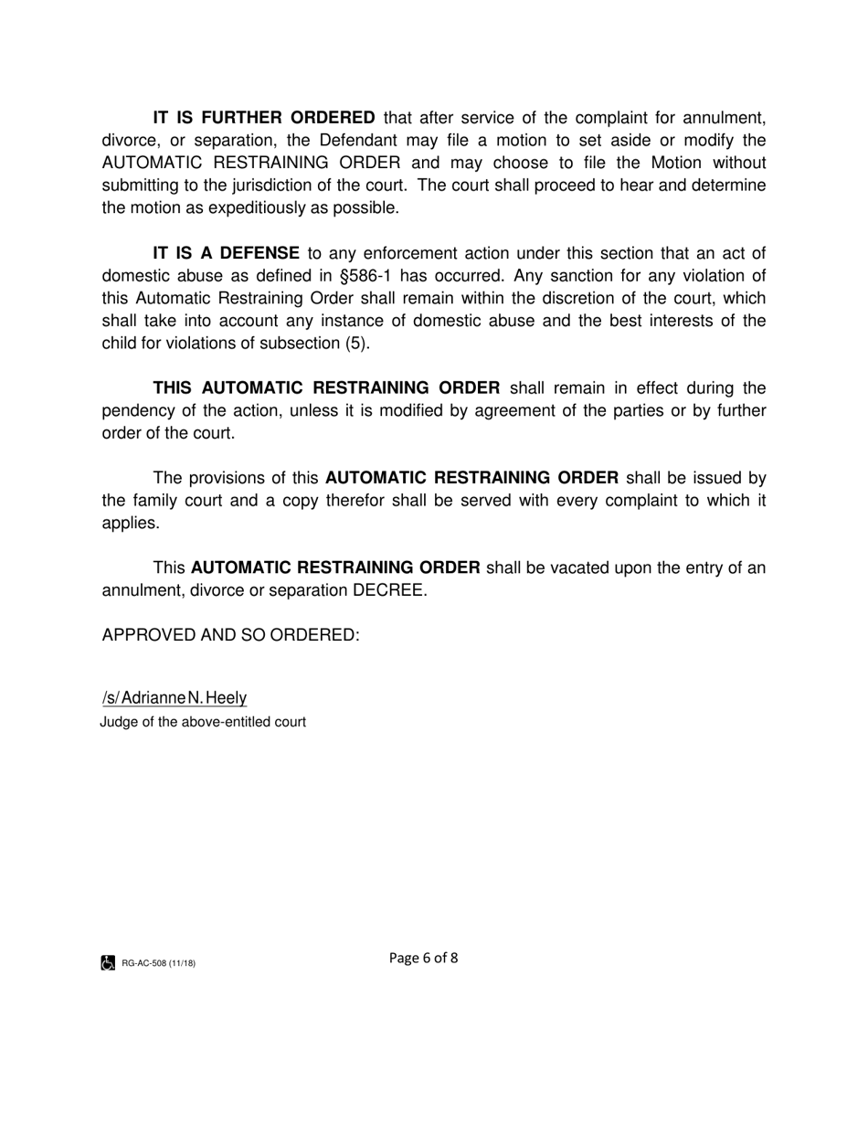 Form 2F-P-559 Complaint for Divorce; Automatic Restraining Order; Summons to Answer Complaint - Hawaii, Page 6
