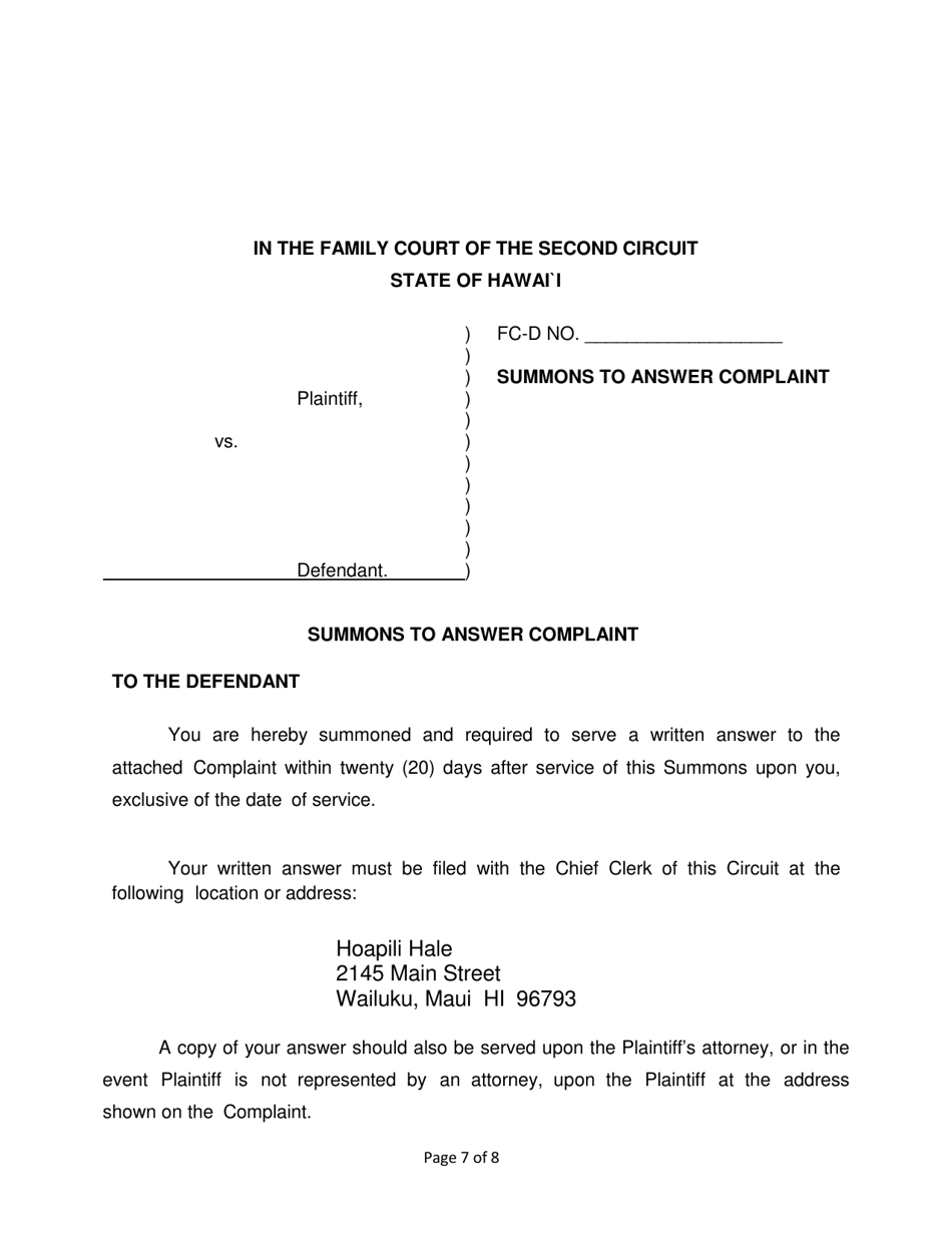 Form 2F-P-559 Complaint for Divorce; Automatic Restraining Order; Summons to Answer Complaint - Hawaii, Page 7