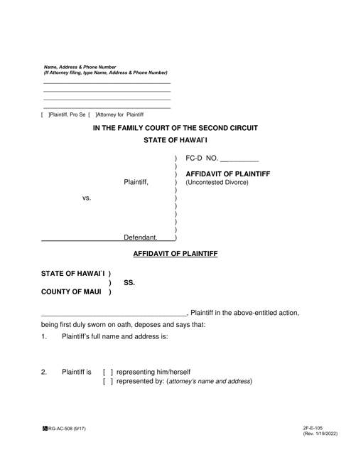 Form 2F-E-105 Affidavit of Plaintiff (Uncontested Divorce) - Hawaii
