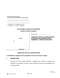Document preview: Form 2F-P-560 Complaint for Civil Union Divorce; Automatic Restraining Order; Summons to Answer Complaint - Hawaii
