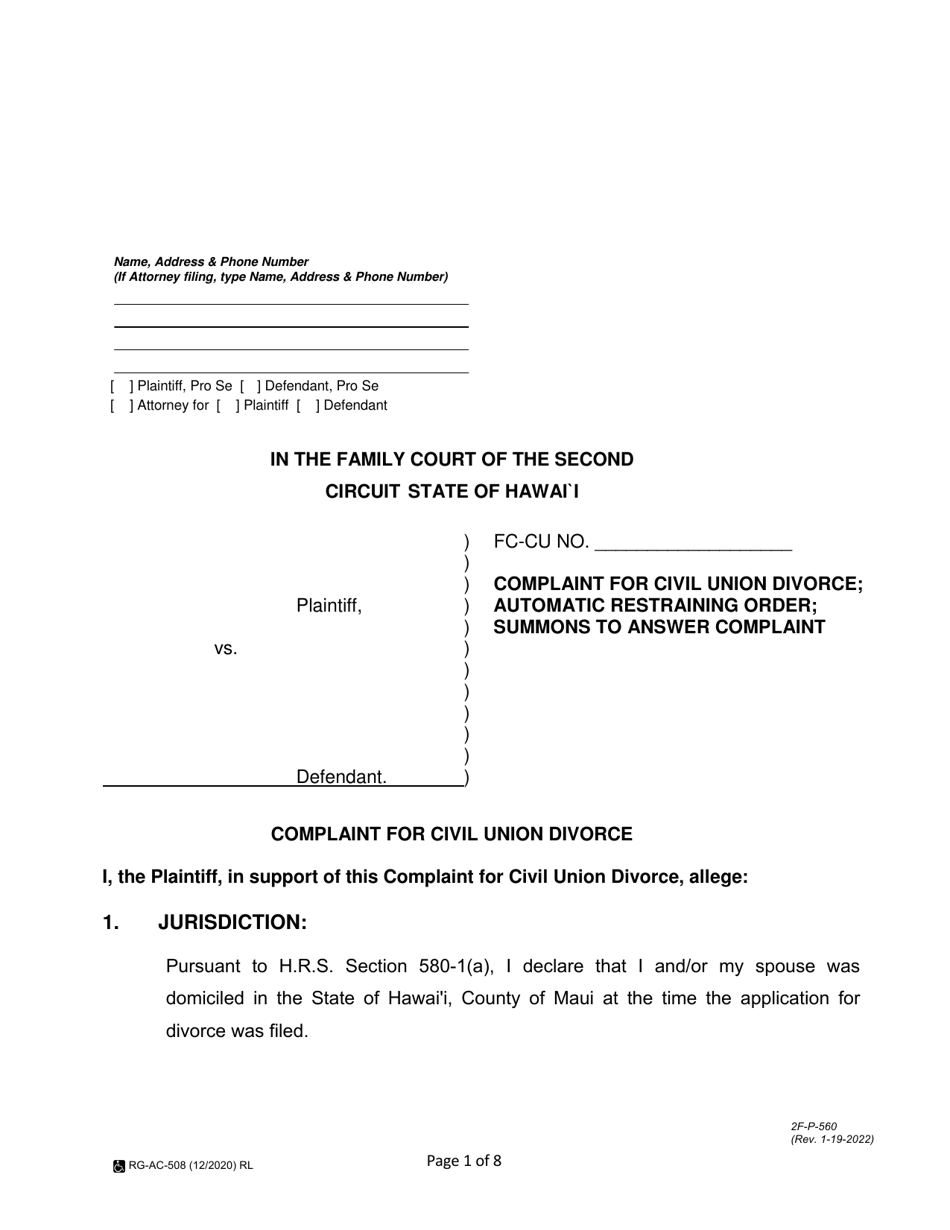 Form 2F-P-560 Complaint for Civil Union Divorce; Automatic Restraining Order; Summons to Answer Complaint - Hawaii, Page 1