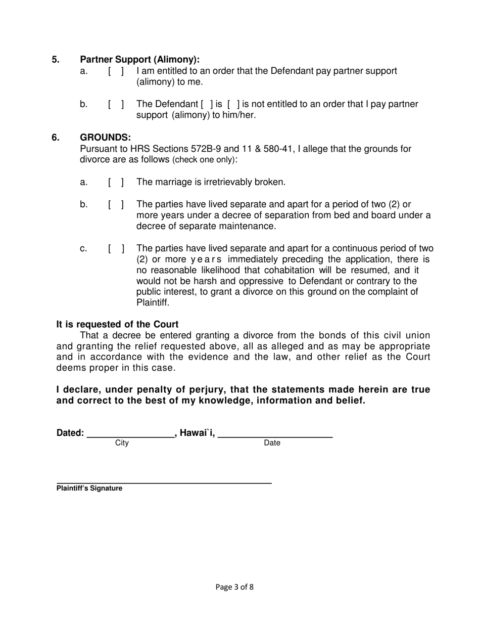 Form 2F-P-560 Complaint for Civil Union Divorce; Automatic Restraining Order; Summons to Answer Complaint - Hawaii, Page 3