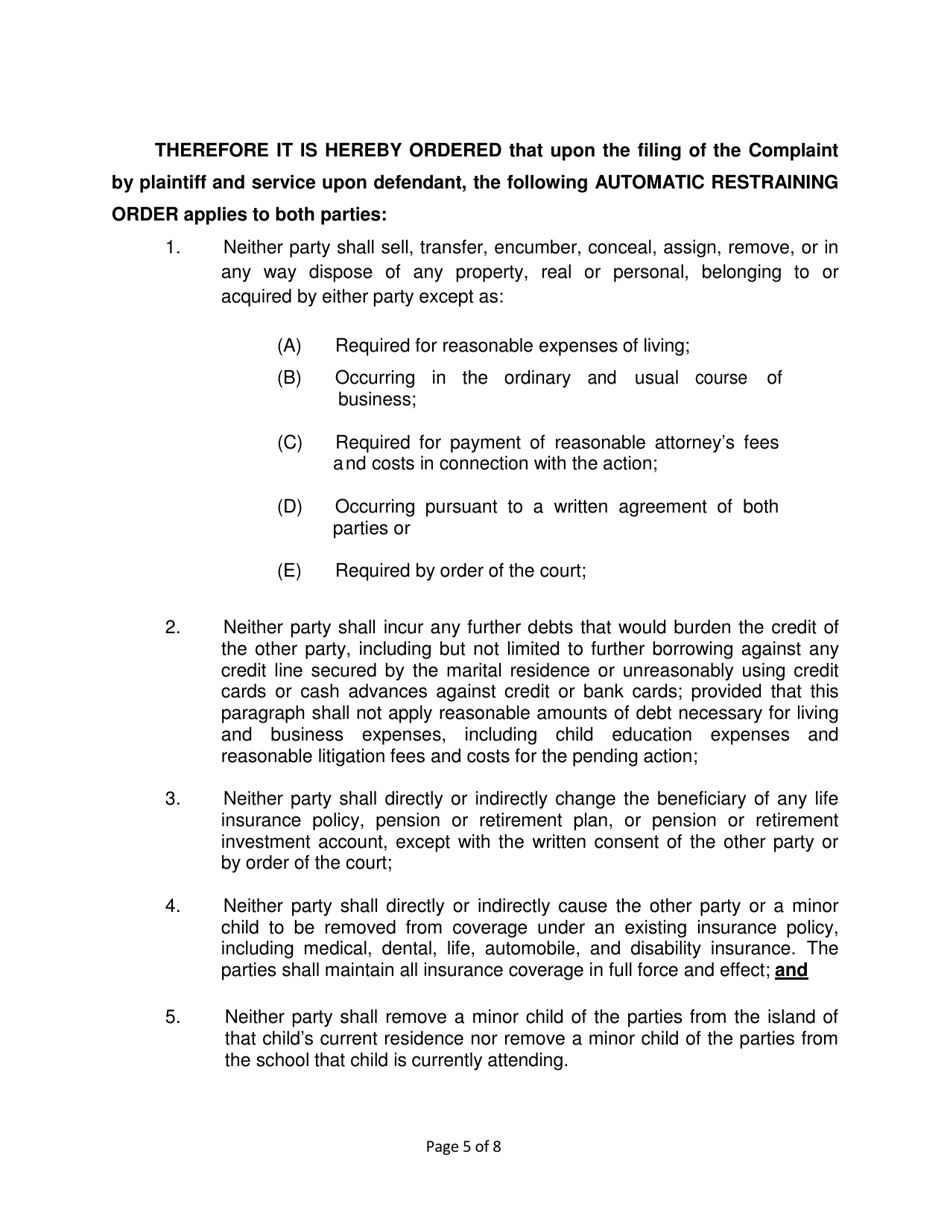 Form 2F-P-560 Complaint for Civil Union Divorce; Automatic Restraining Order; Summons to Answer Complaint - Hawaii, Page 5