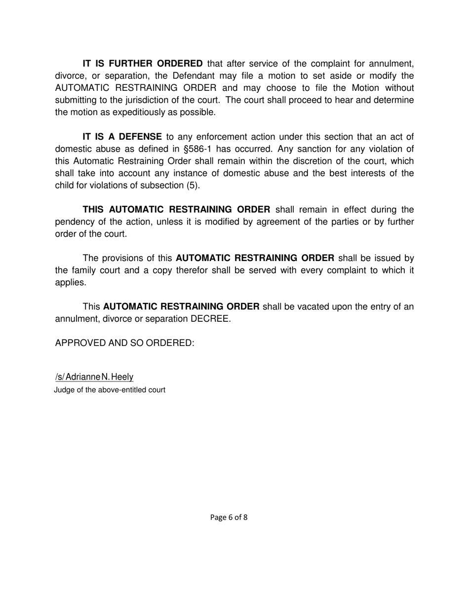 Form 2F-P-560 Complaint for Civil Union Divorce; Automatic Restraining Order; Summons to Answer Complaint - Hawaii, Page 6