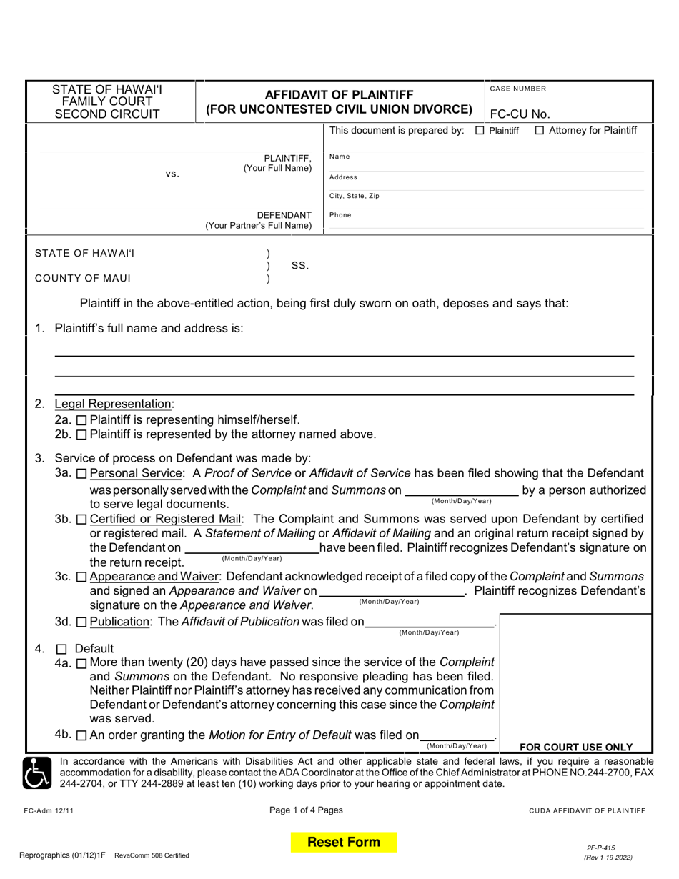 Form 2F-P-415 Affidavit of Plaintiff (For Uncontested Civil Union Divorce) - Hawaii, Page 1