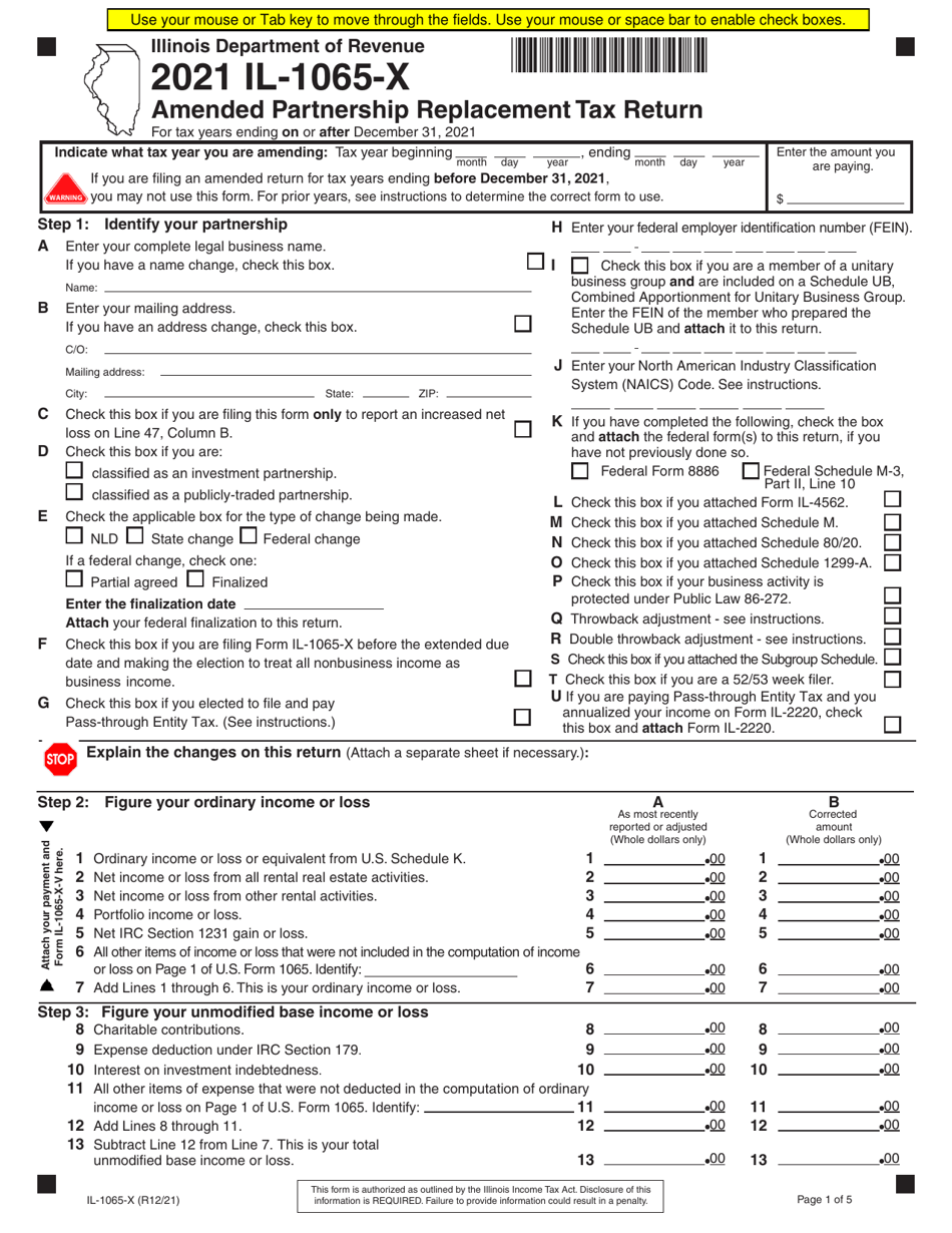 Form IL-1065-X Amended Partnership Replacement Tax Return - Illinois, Page 1