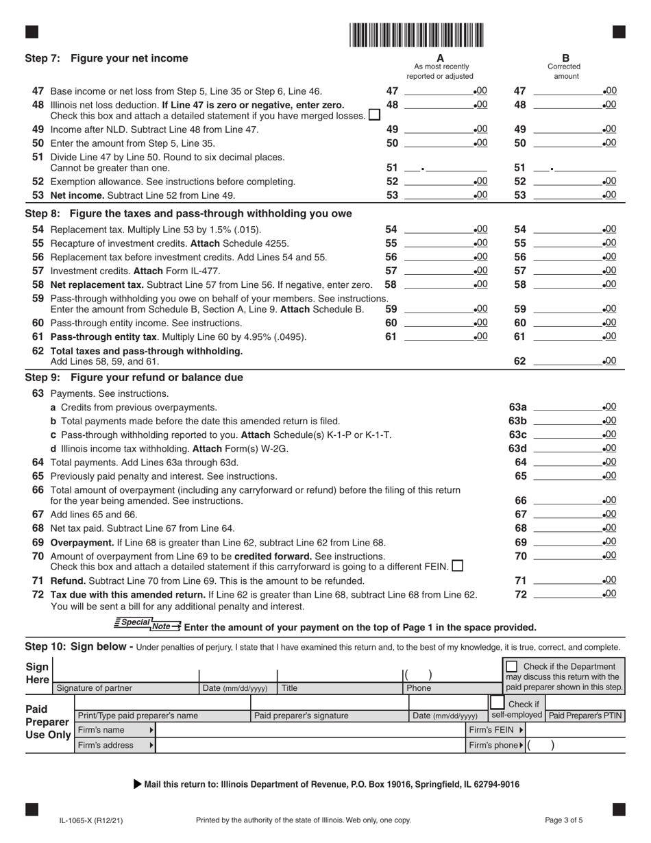 Form IL-1065-X Amended Partnership Replacement Tax Return - Illinois, Page 3
