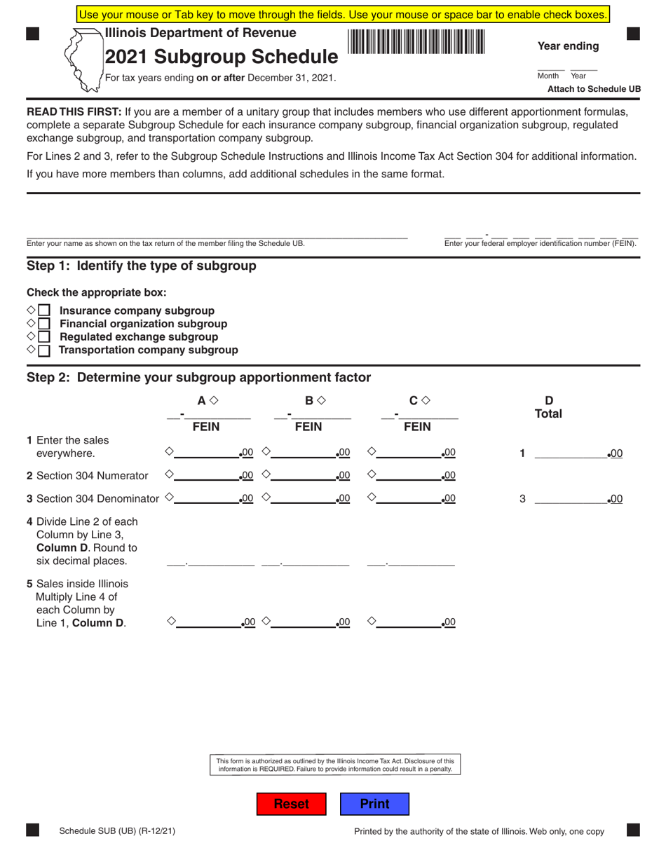 Schedule SUB (UB) Subgroup Schedule - Illinois, Page 1