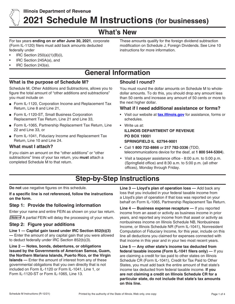 Instructions for Schedule M Other Additions and Subtractions (For Businesses) - Illinois, Page 1