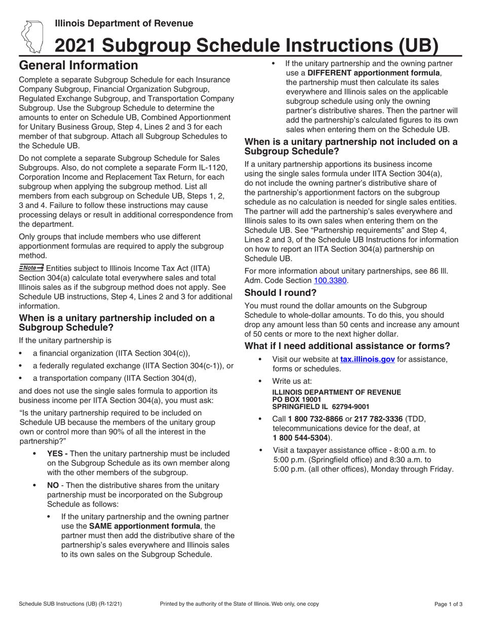 Instructions for Schedule SUB (UB) Subgroup Schedule - Illinois, Page 1