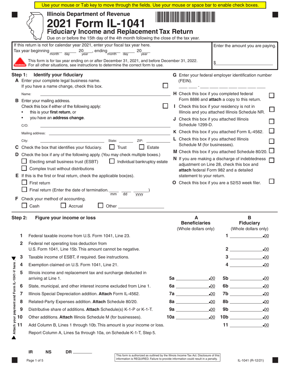 Form IL-1041 Fiduciary Income and Replacement Tax Return - Illinois, Page 1
