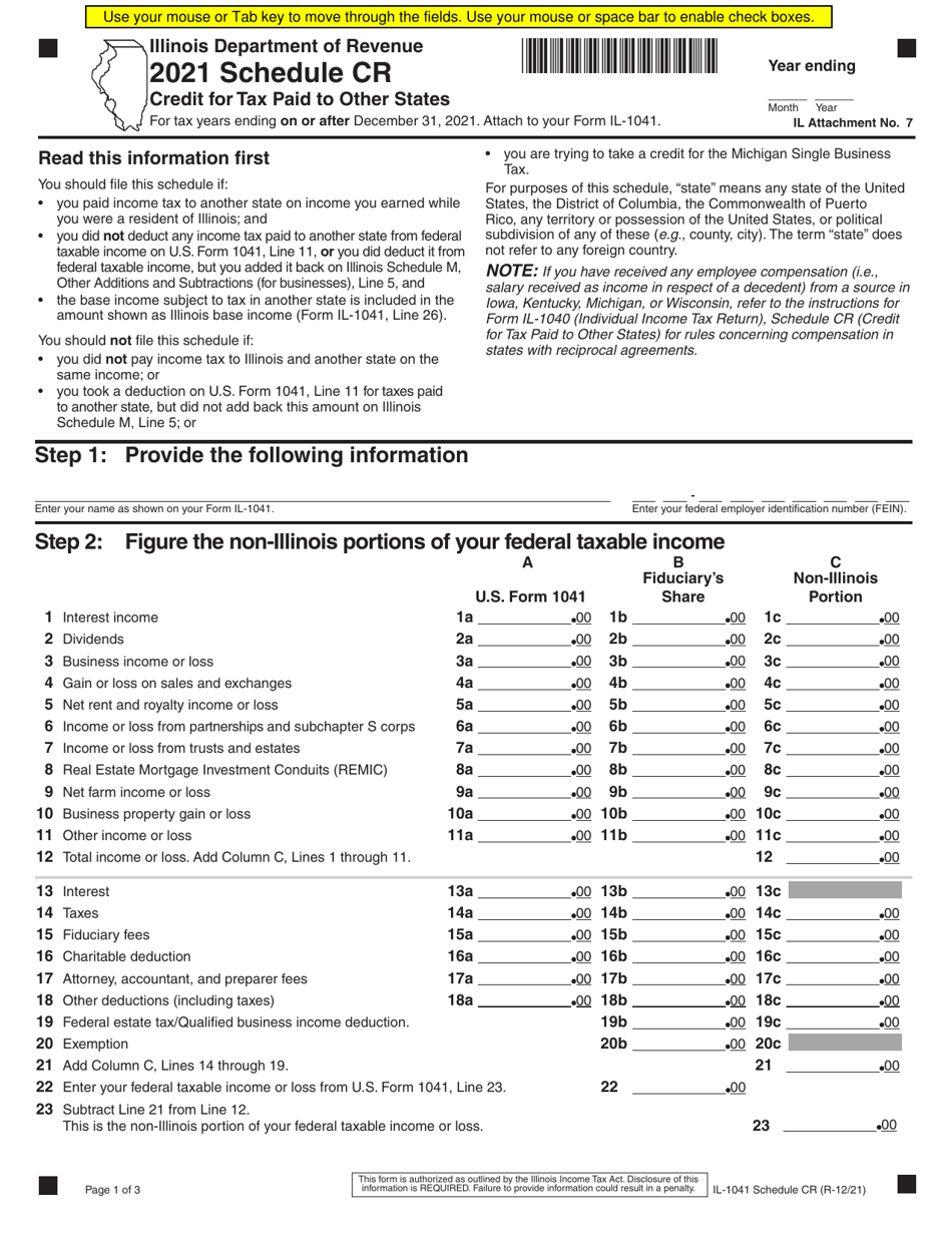 Form IL 1041 Schedule CR 2021 Fill Out Sign Online And Download