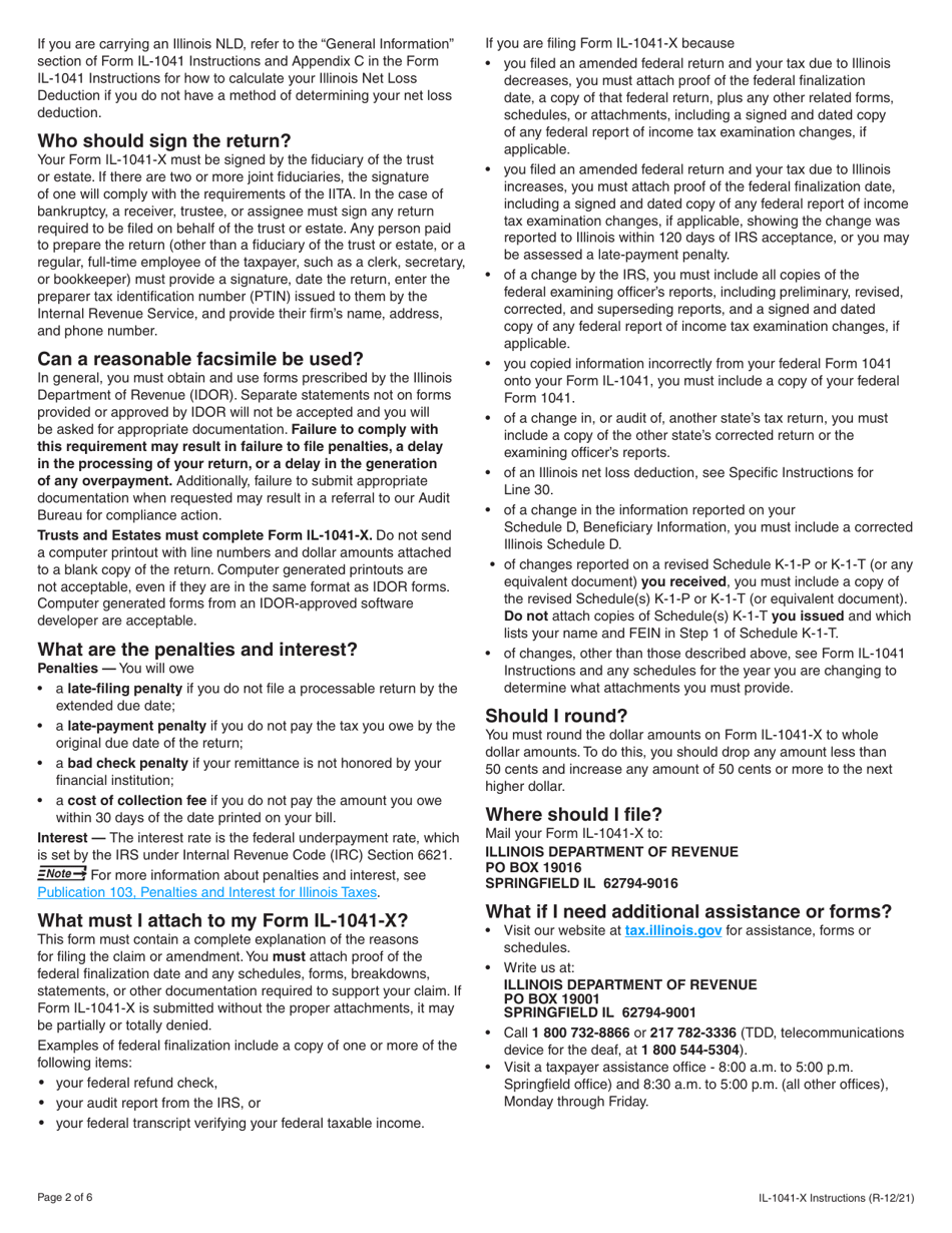 Instructions for Form IL-1041-X Amended Fiduciary Income and Replacement Tax Return - Illinois, Page 2