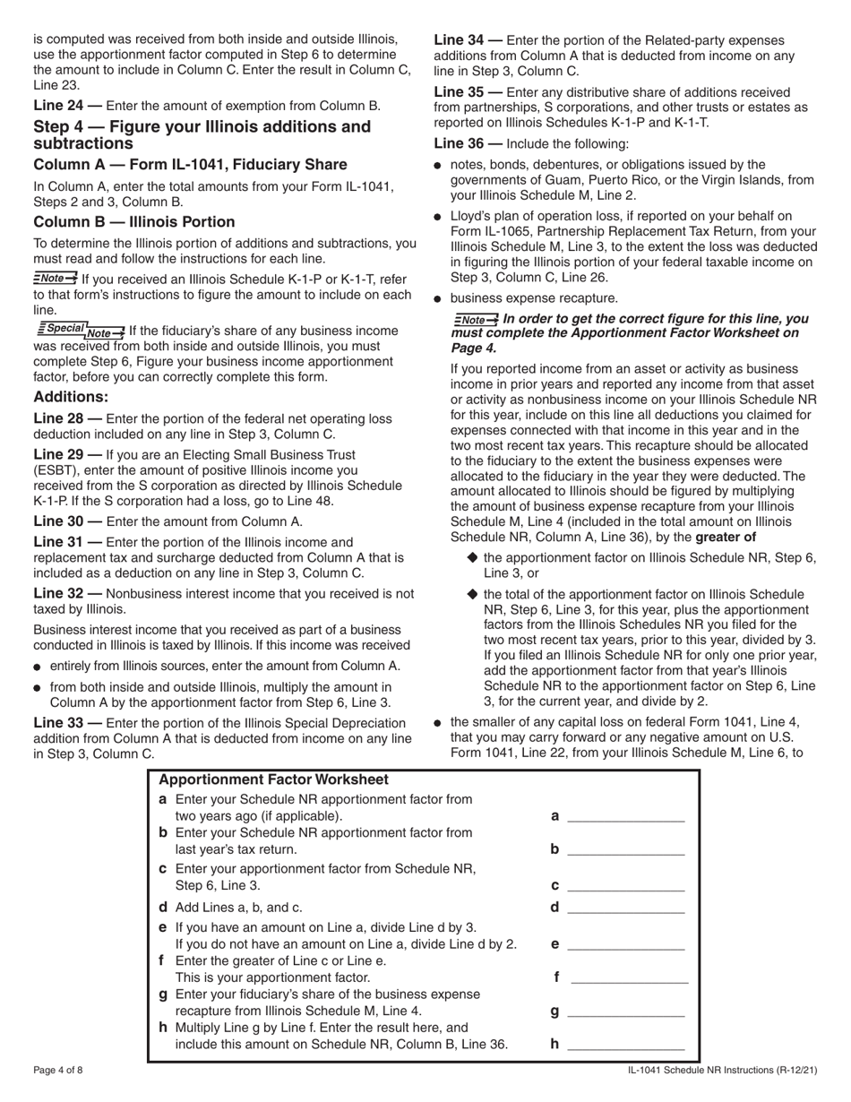 Instructions for Form IL-1041 Schedule NR Nonresident Computation of Fiduciary Income - Illinois, Page 4
