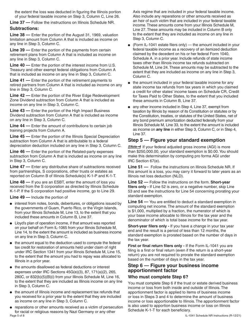 Instructions for Form IL-1041 Schedule NR Nonresident Computation of Fiduciary Income - Illinois, Page 5