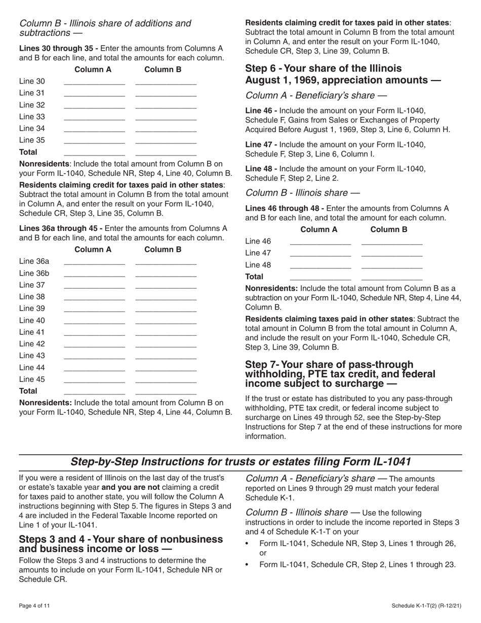 Instructions for Schedule K-1-T Beneficiarys Share of Income and Deductions - Illinois, Page 4