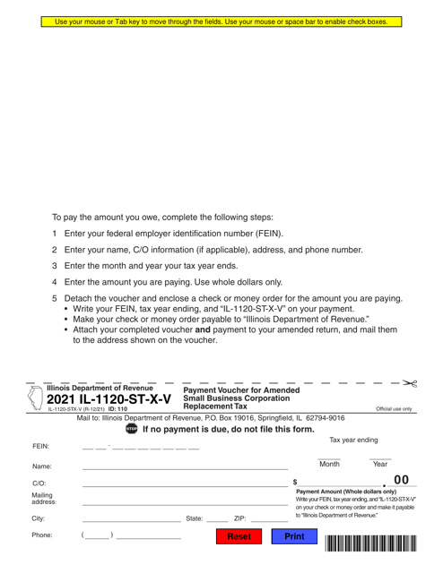 Form IL-1120-ST-X-V Payment Voucher for Amended Corporation Income and Replacement Tax - Illinois, 2021