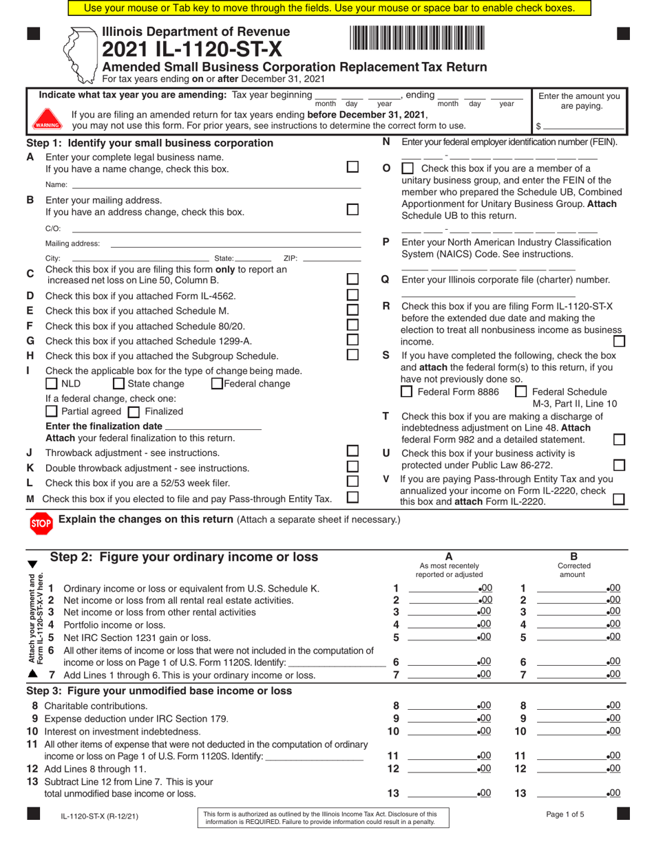Form IL-1120-ST-X Amended Small Business Corporation Replacement Tax Return - Illinois, Page 1
