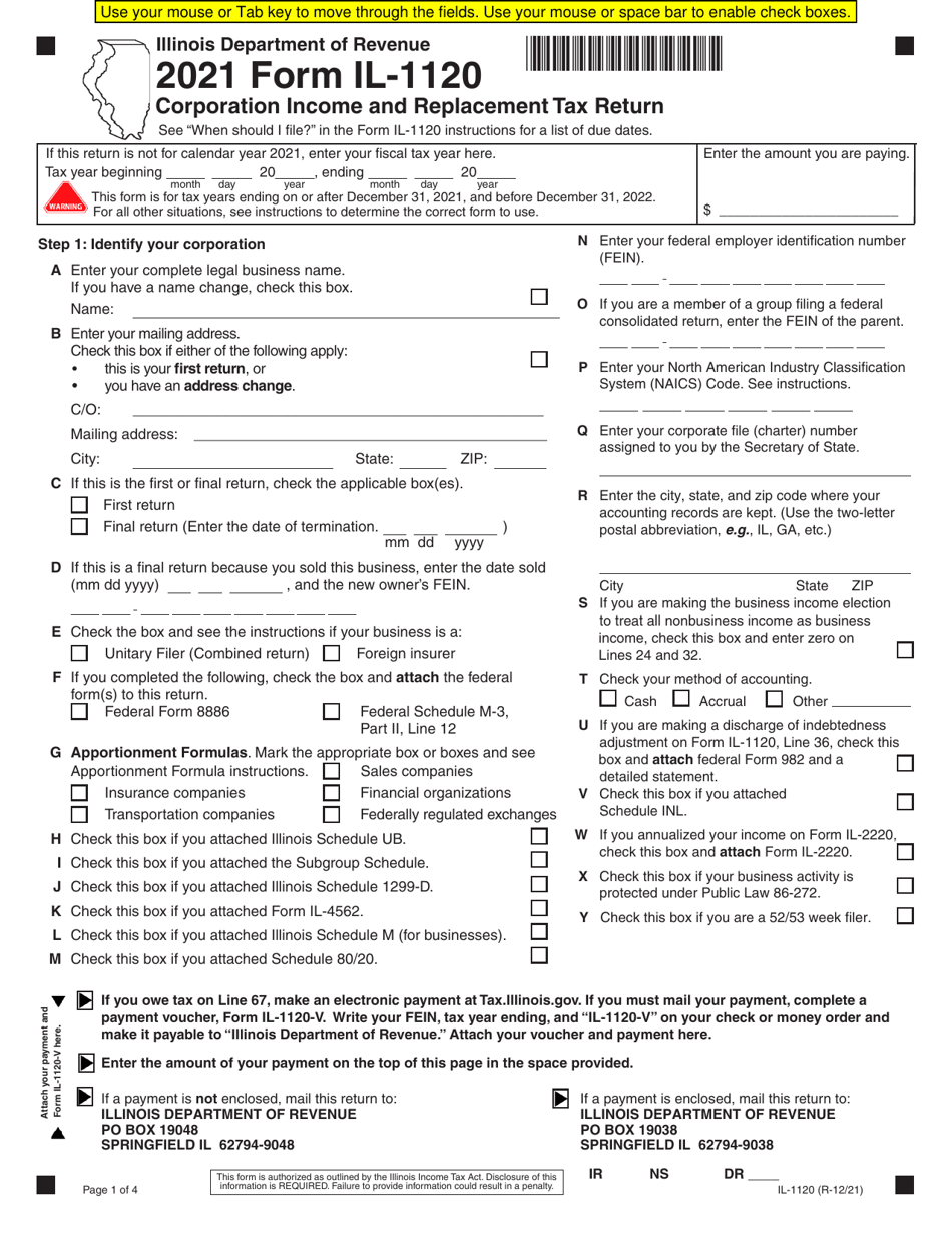 Form IL-1120 Corporation Income and Replacement Tax Return - Illinois, Page 1