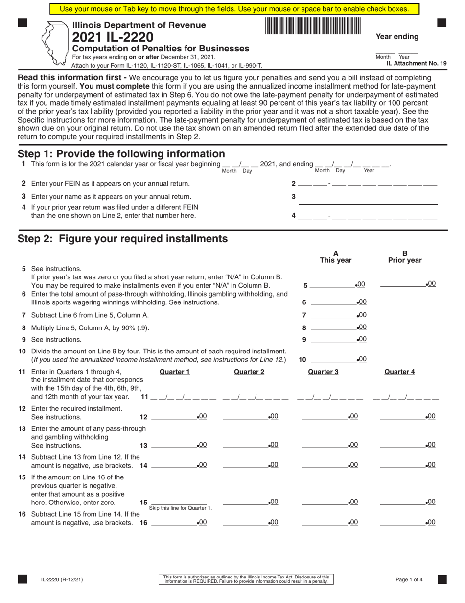 Form IL-2220 Computation of Penalties for Businesses - Illinois, Page 1