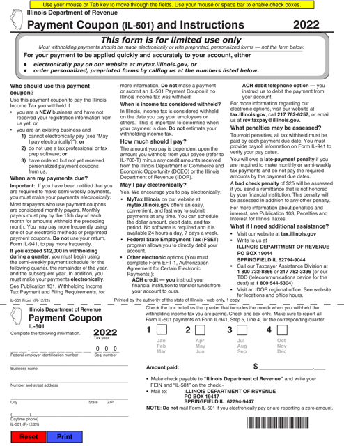 Form IL-501 Payment Coupon - Illinois, 2022