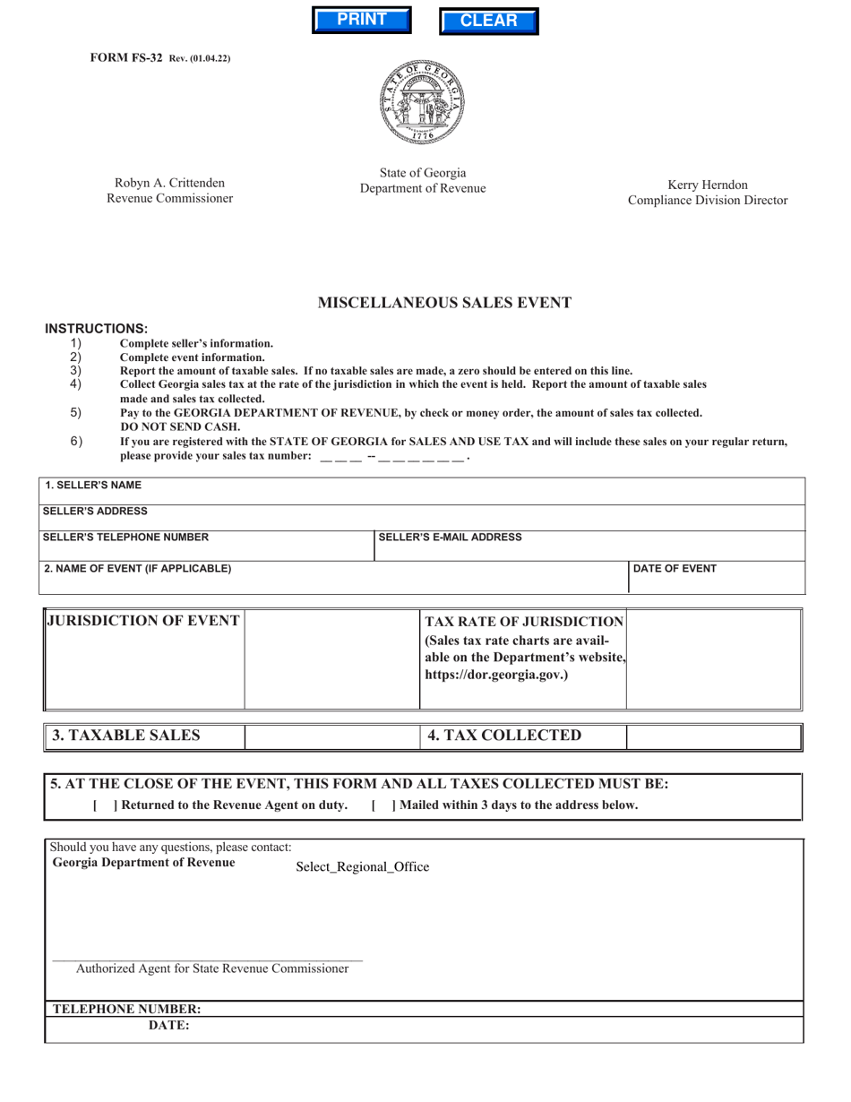 Form FS-32 Miscellaneous Sales Event - Georgia (United States), Page 1