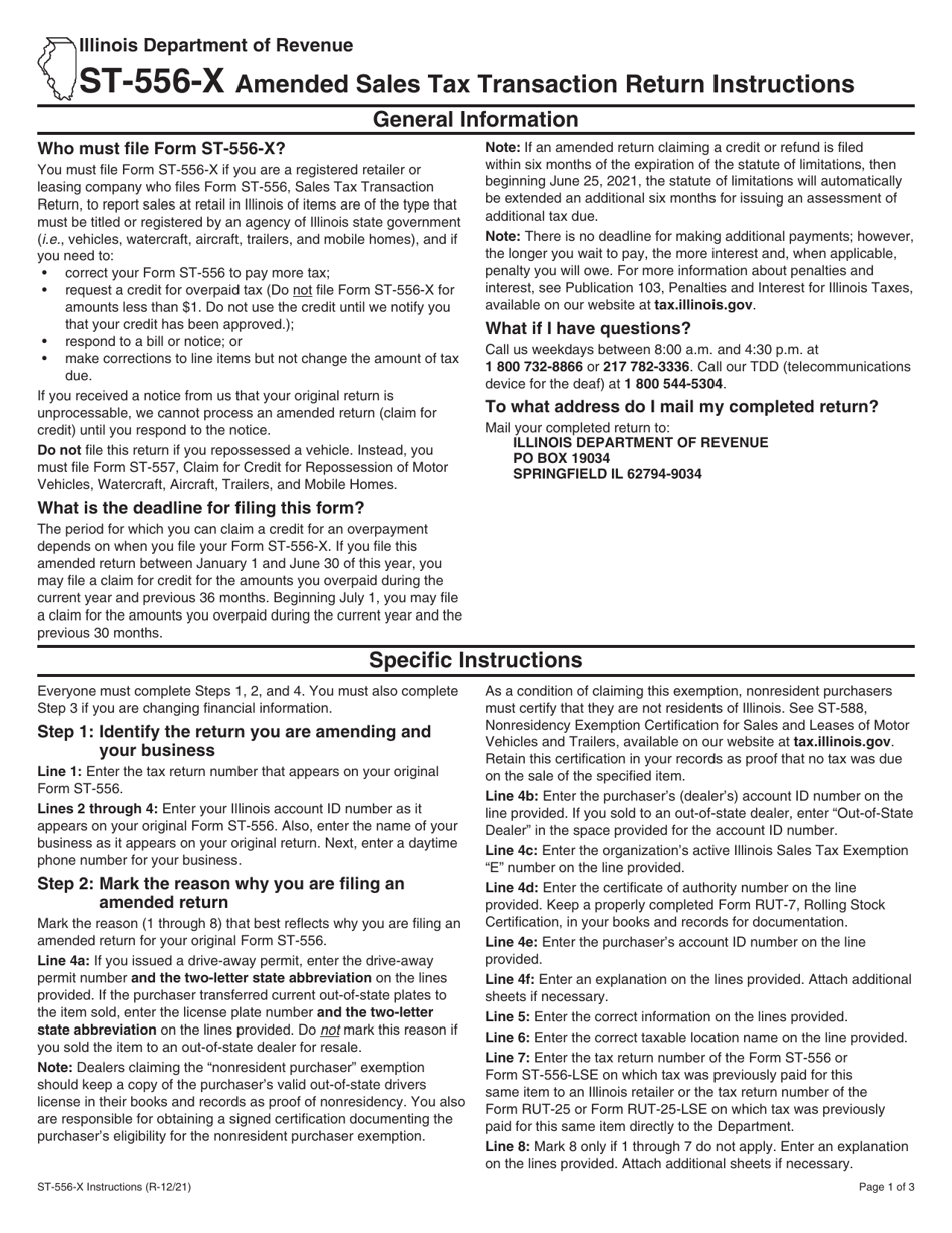 Download Instructions For Form ST 556 X 017 Amended Sales Tax   Instructions For Form St 556 X 017 Amended Sales Tax Transaction Return Illinois Print Big 