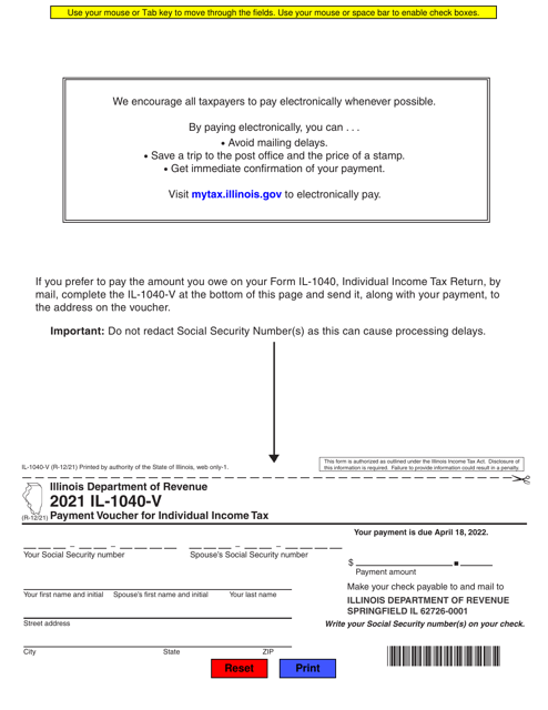 Form IL-1040-V Payment Voucher for Individual Income Tax - Illinois, 2021