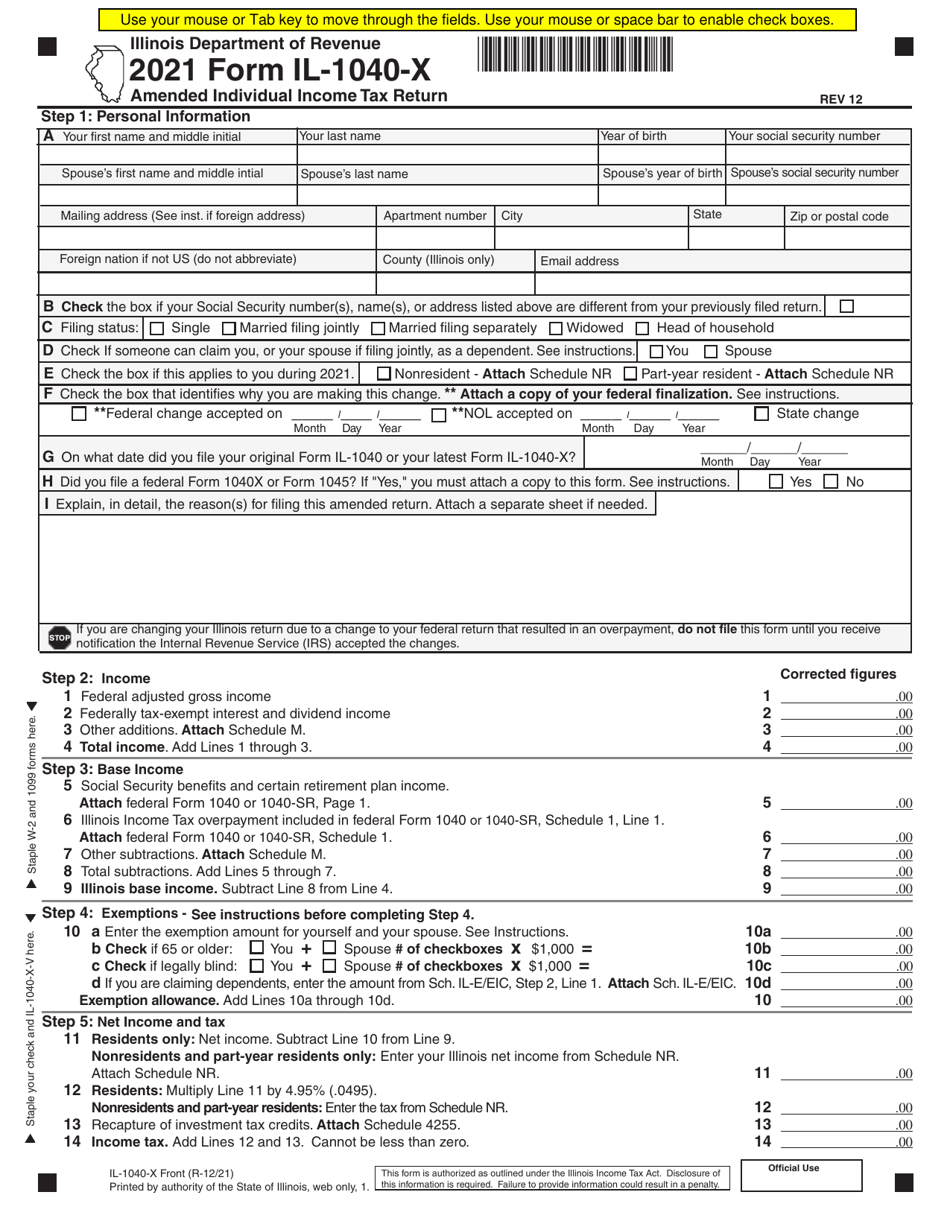 Form IL-1040-X Amended Individual Income Tax Return - Illinois, Page 1