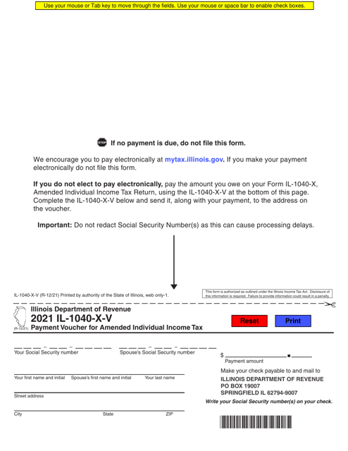 Form IL-1040-X-V Payment Voucher for Amended Individual Income Tax - Illinois, 2021