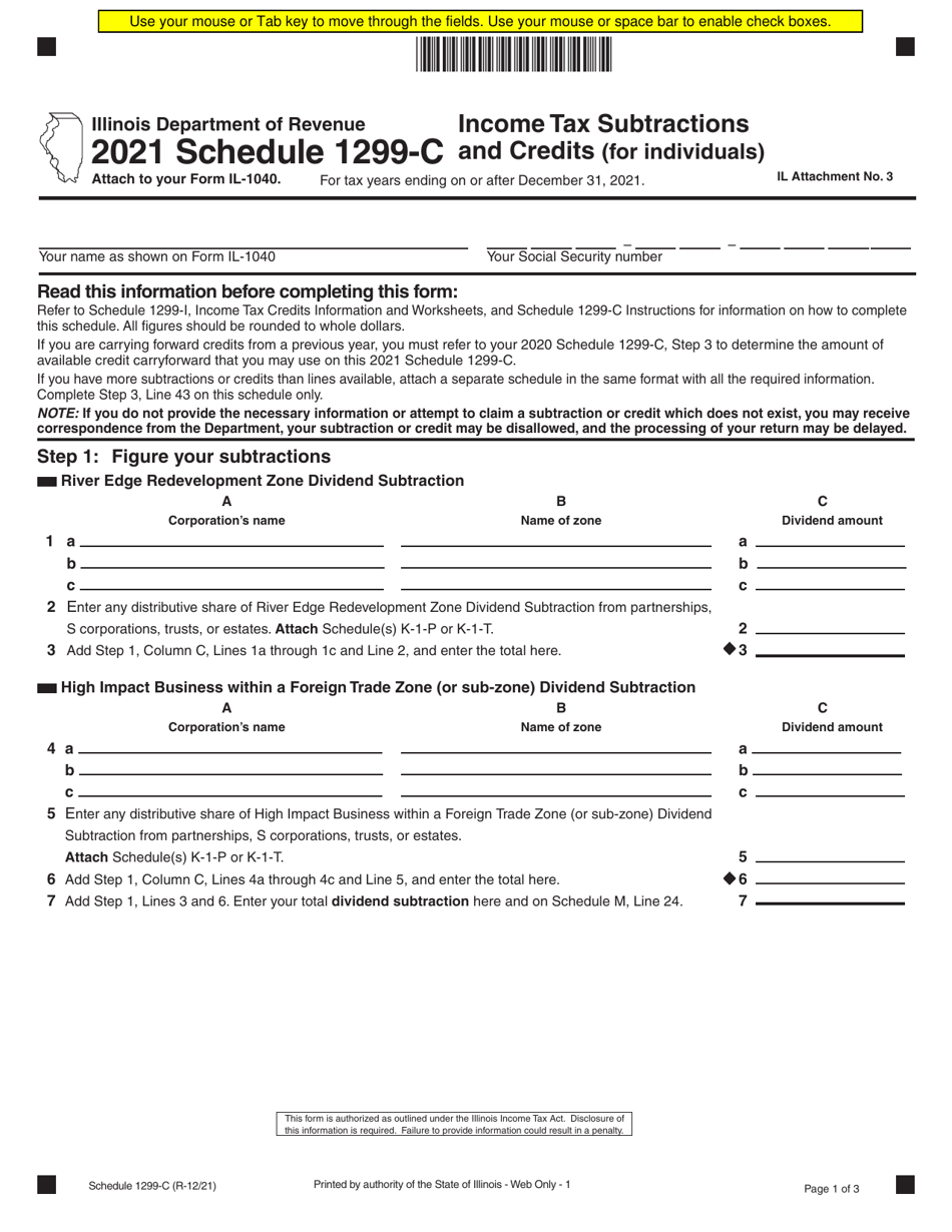 Schedule 1299-C Income Tax Subtractions and Credits (For Individuals) - Illinois, Page 1