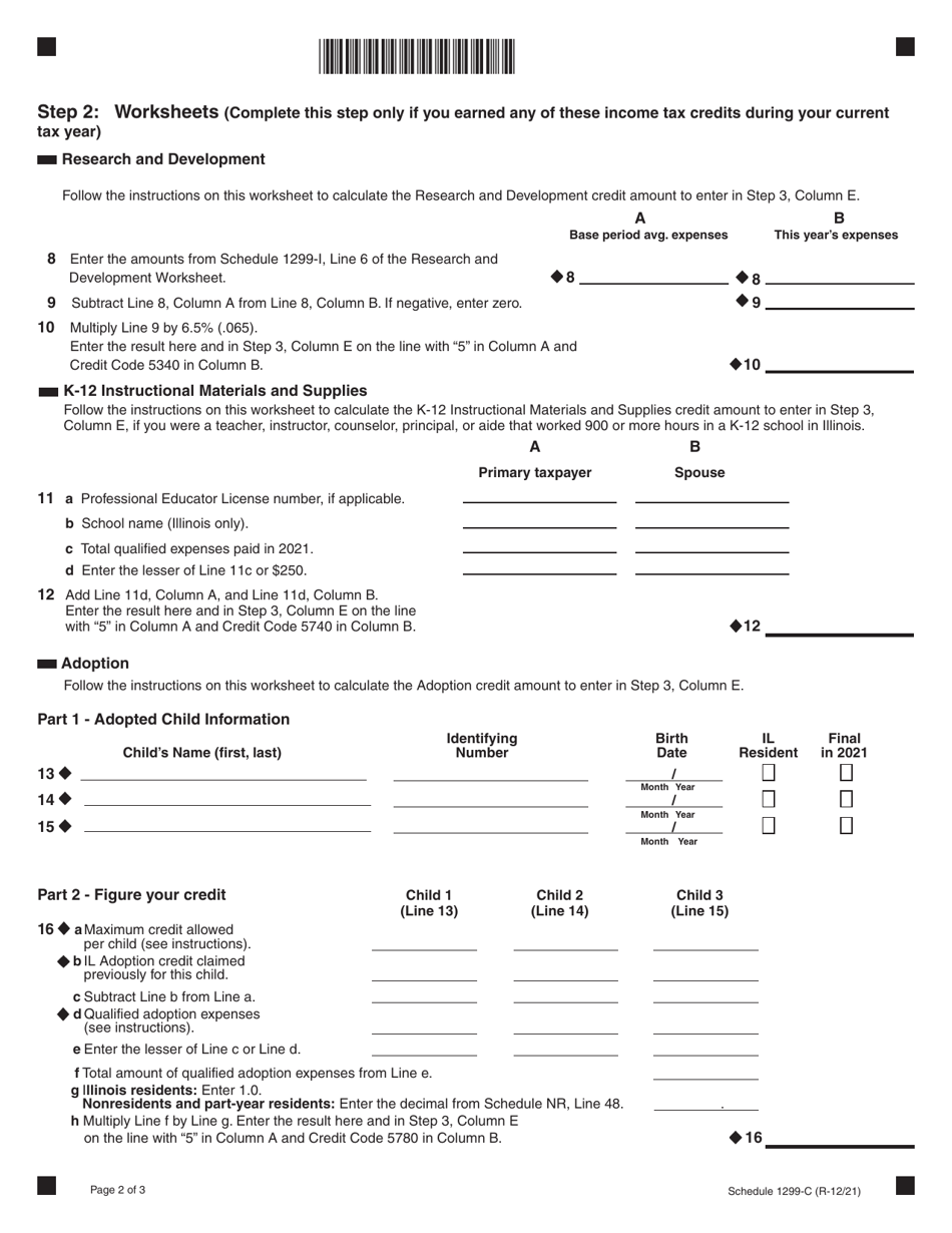 Schedule 1299-C Income Tax Subtractions and Credits (For Individuals) - Illinois, Page 2