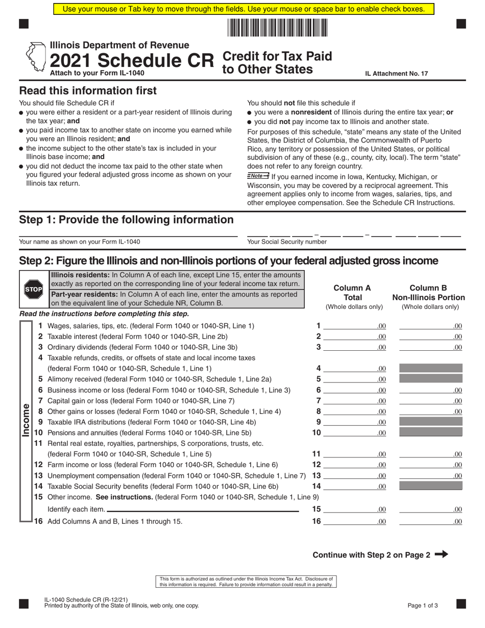 Form IL1040 Schedule CR Download Fillable PDF or Fill Online Credit
