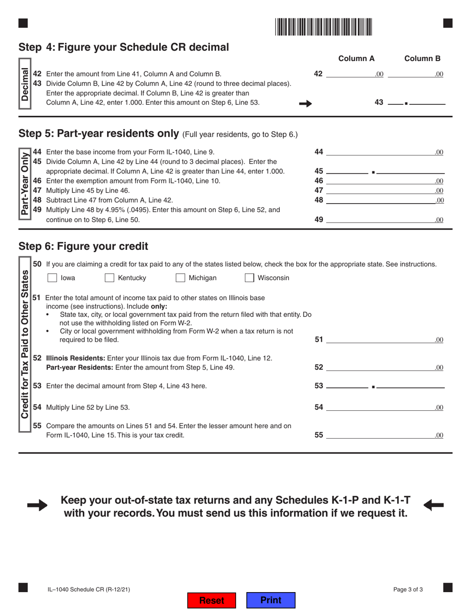 Form Il 1040 Schedule Cr Download Fillable Pdf Or Fill Online Credit For Tax Paid To Other 4234