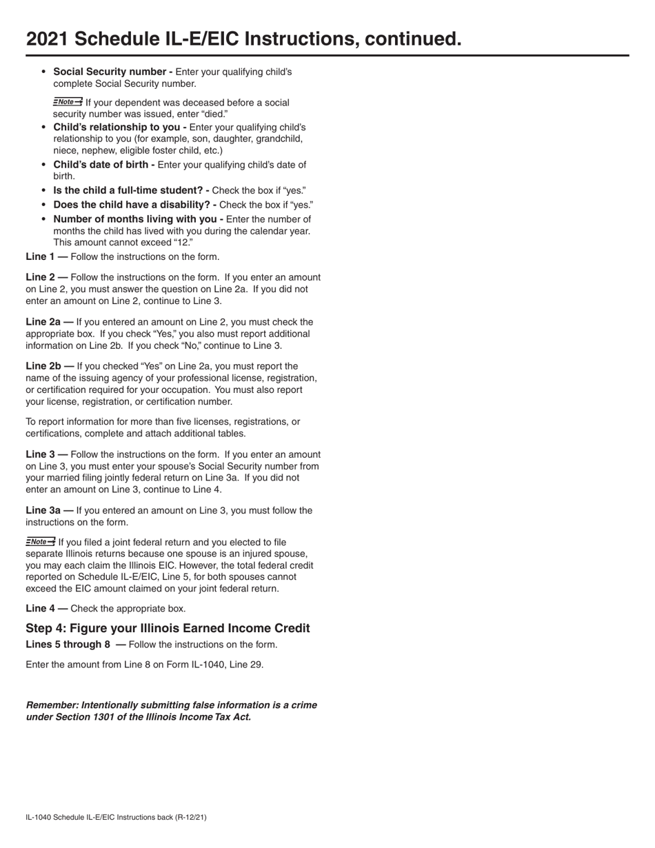 Download Instructions For Form Il 1040 Schedule Il Eeic Illinois Exemption And Earned Income 7330