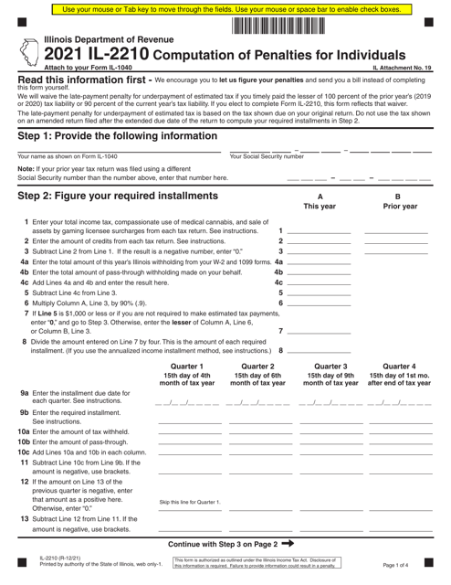 Form IL-2210 Computation of Penalties for Individuals - Illinois, 2021