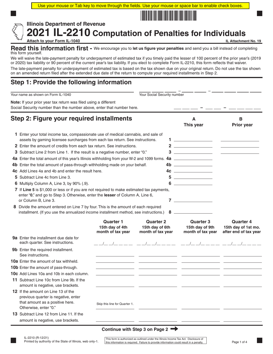 Form IL-2210 Computation of Penalties for Individuals - Illinois, Page 1