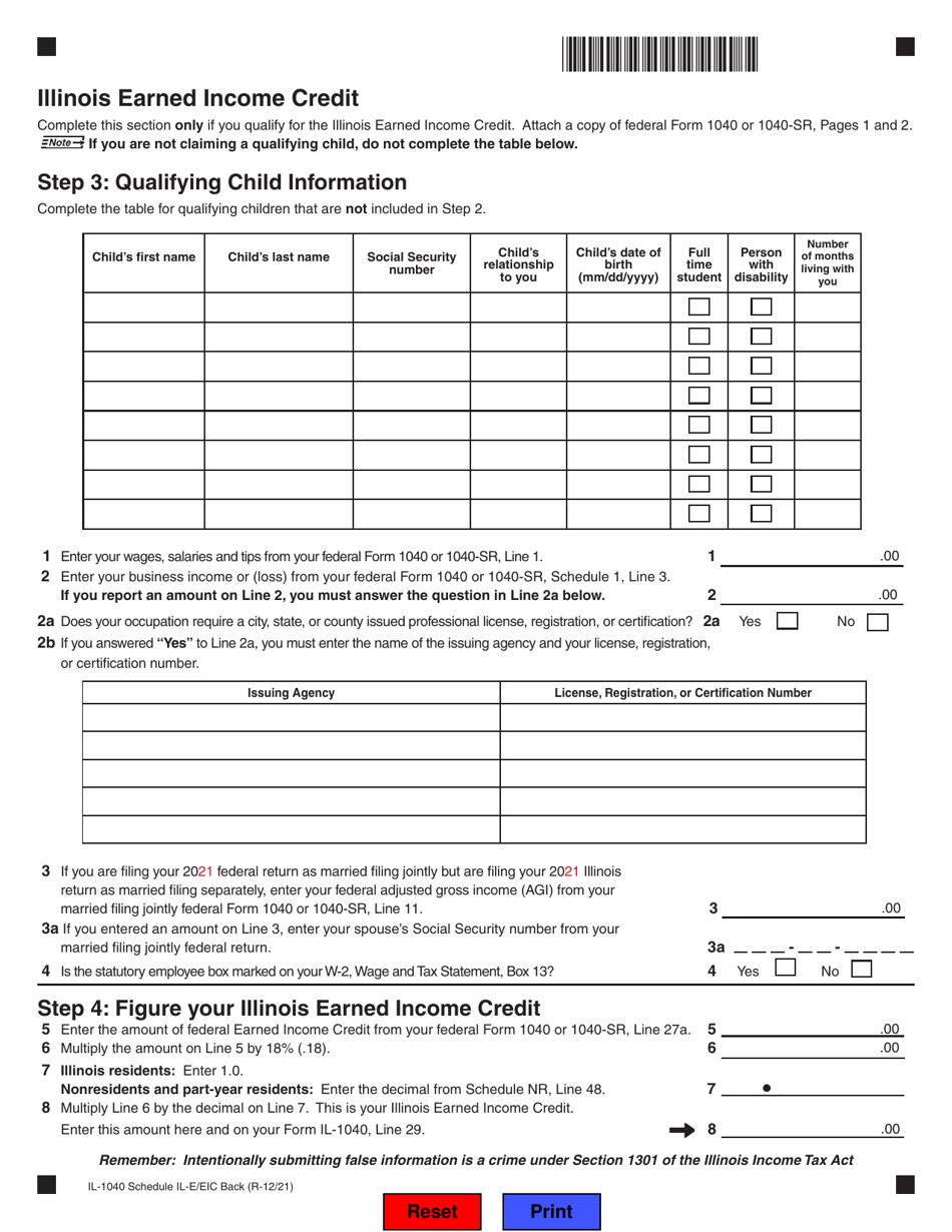Form IL-1040 Schedule IL-E / EIC Illinois Exemption and Earned Income Credit - Illinois, Page 2