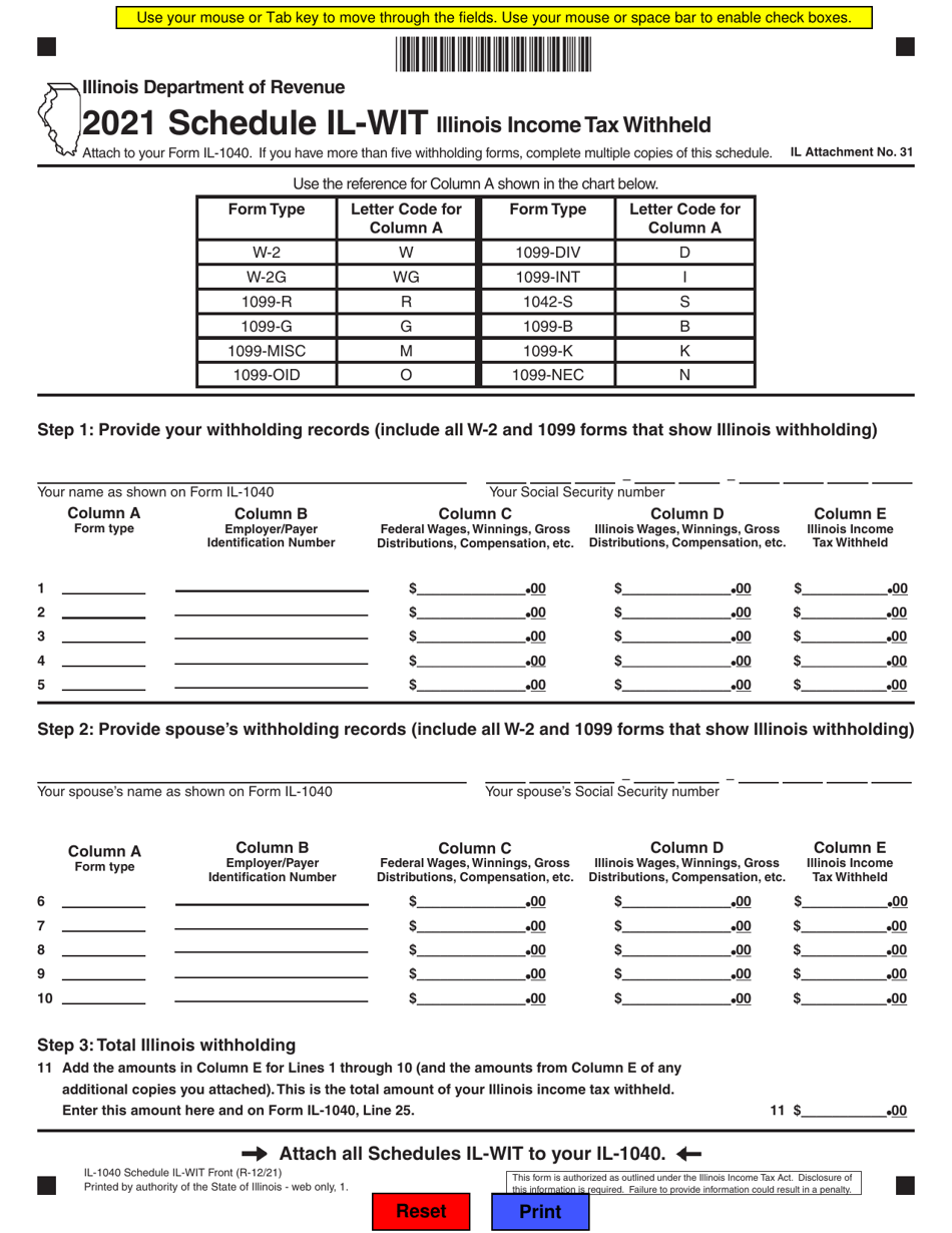 Form Il 1040 Schedule Il Wit Download Fillable Pdf Or Fill Online Illinois Income Tax Withheld 5788