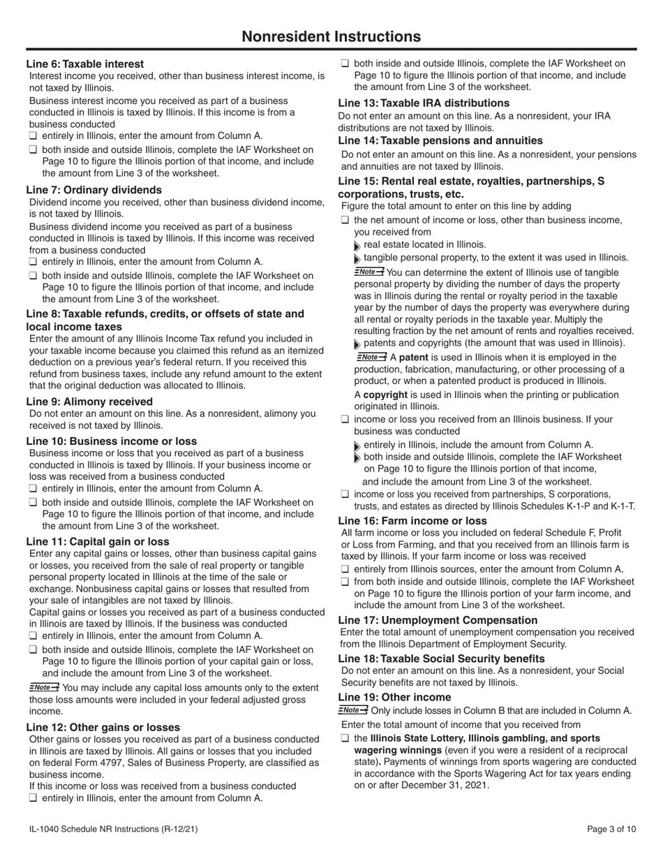Instructions for Form IL-1040 Schedule NR Nonresident and Part-Year Resident Computation of Illinois Tax - Illinois, Page 3