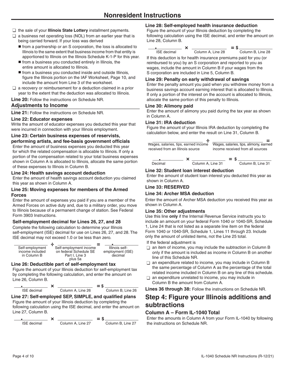 Instructions for Form IL-1040 Schedule NR Nonresident and Part-Year Resident Computation of Illinois Tax - Illinois, Page 4