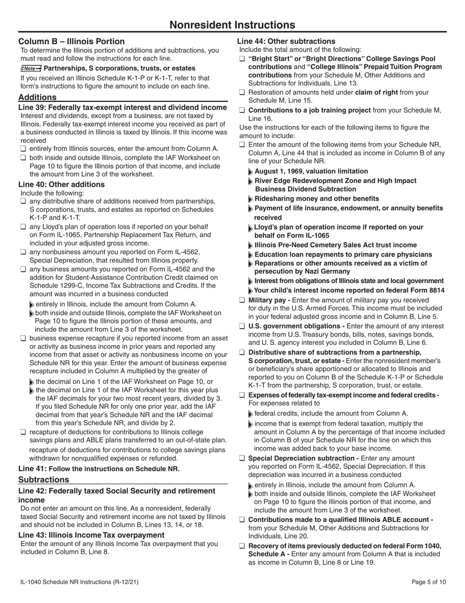 Instructions for Form IL-1040 Schedule NR Nonresident and Part-Year Resident Computation of Illinois Tax - Illinois, Page 5
