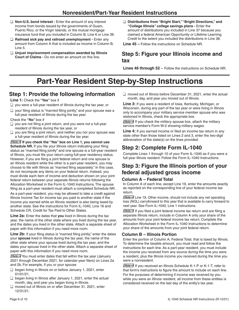 Instructions for Form IL-1040 Schedule NR Nonresident and Part-Year Resident Computation of Illinois Tax - Illinois, Page 6