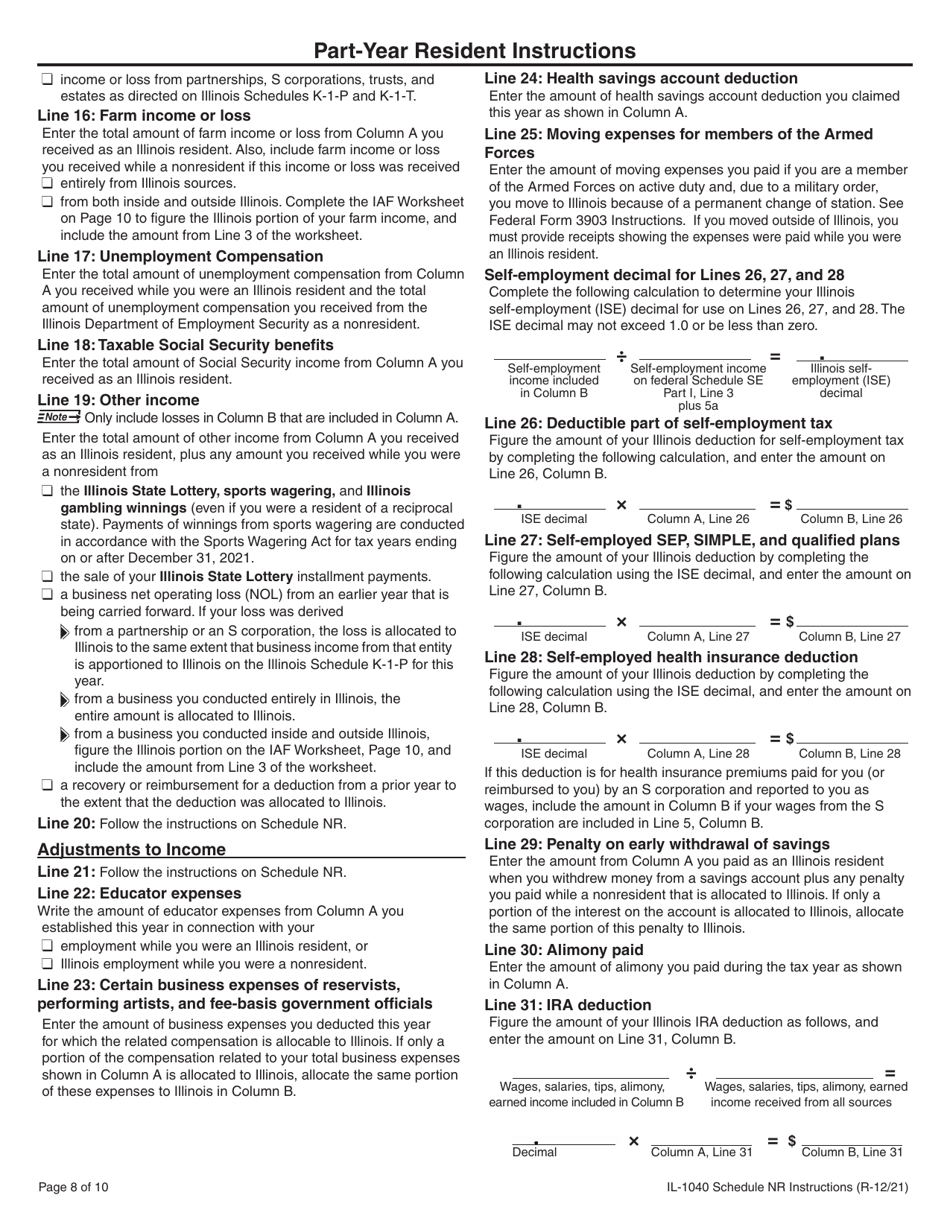 Instructions for Form IL-1040 Schedule NR Nonresident and Part-Year Resident Computation of Illinois Tax - Illinois, Page 8