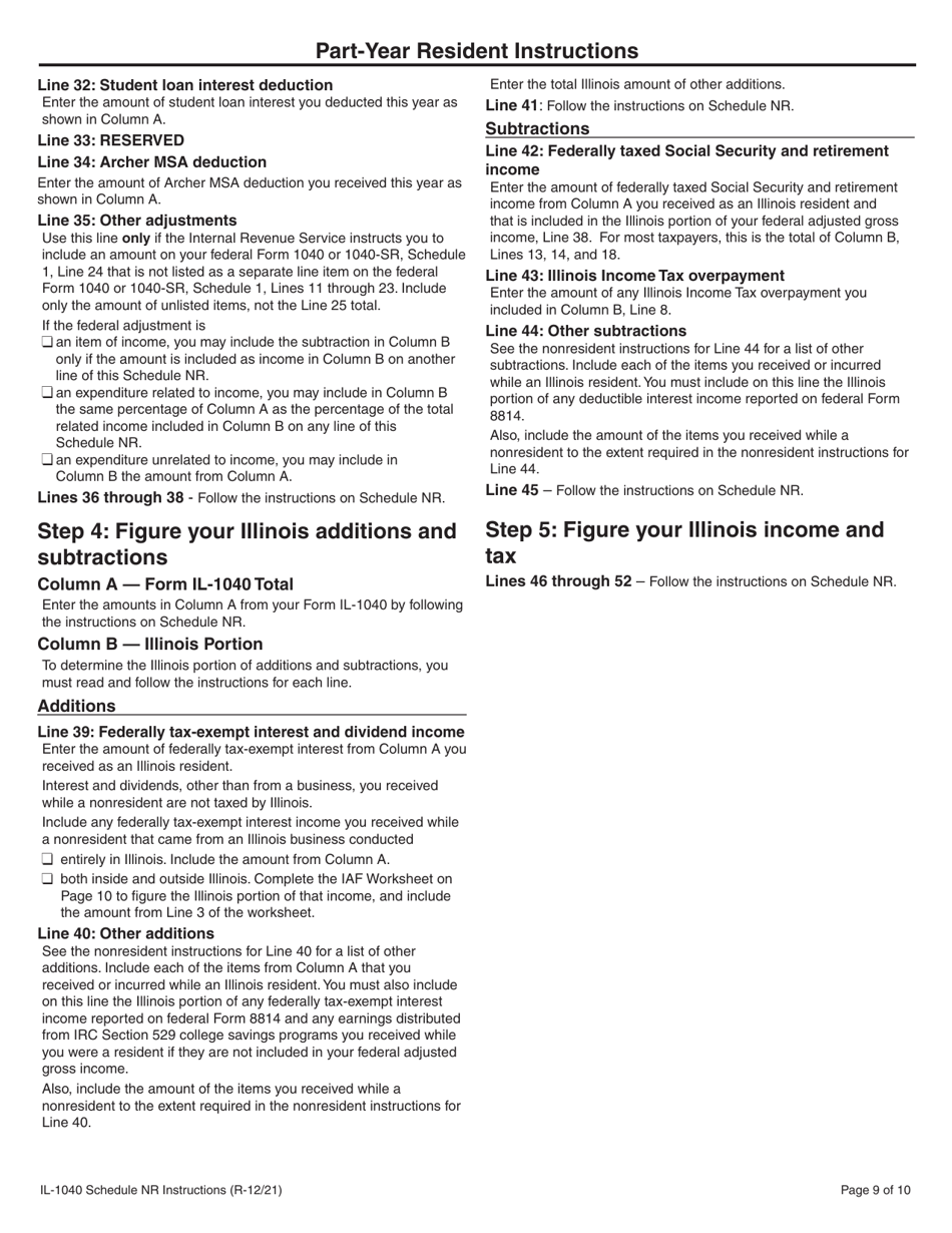Instructions for Form IL-1040 Schedule NR Nonresident and Part-Year Resident Computation of Illinois Tax - Illinois, Page 9